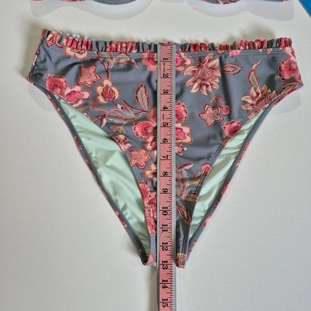 Cupshe Womens Floral Underwire Bikini Set High Waisted Ruffle Grey Pink New‎